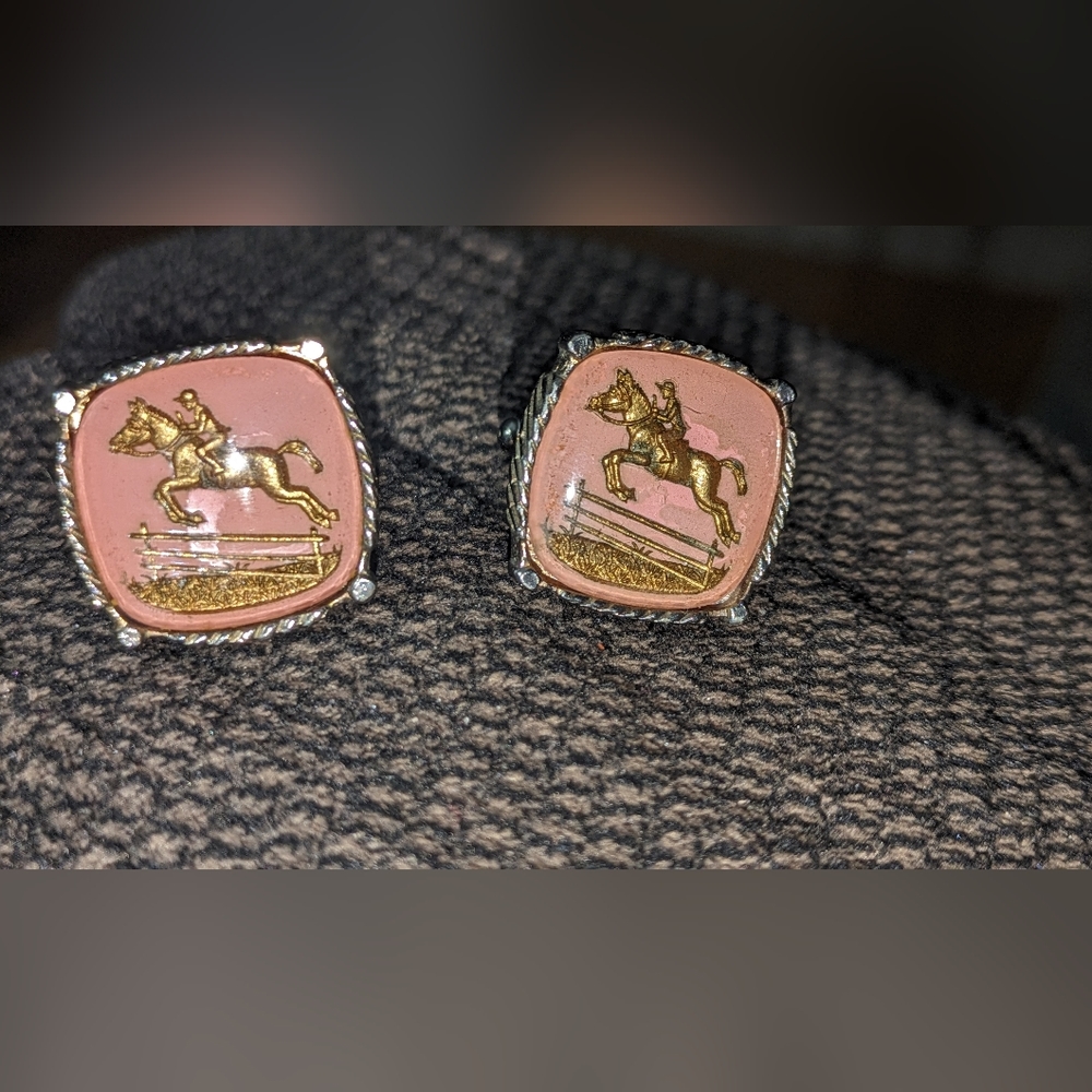 Unusual Vintage Mid-Century Modern Jumping Equestrian Horse Pink Bubble Cufflink